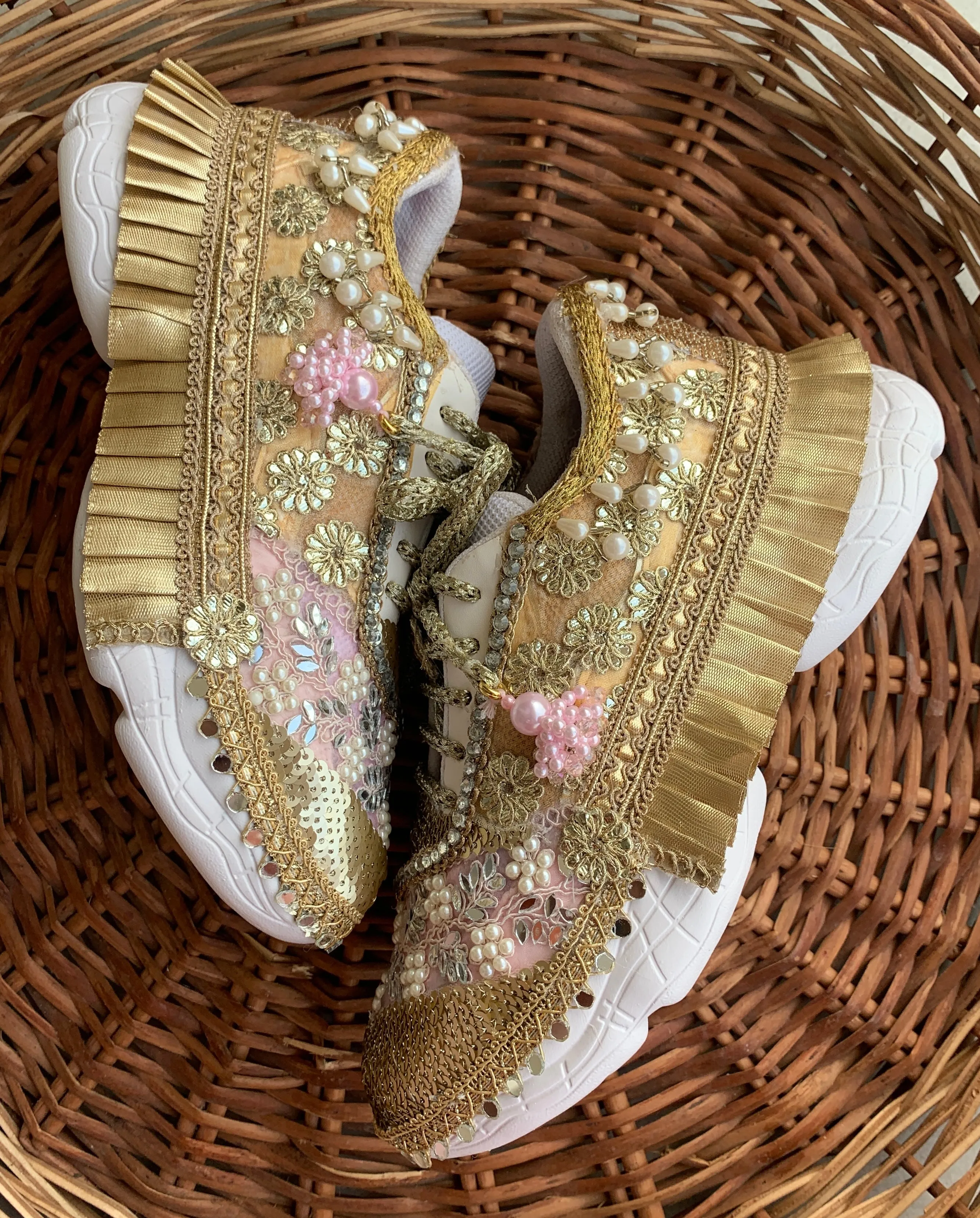 FUNKY N TRENDY pink and gold gottapatti sneakers with pearl & mirror detailing for brides /bridesmaids / sneakers for bridesmaids/ handcrafted sneakers/ sequine sneakers / bridal sneakers / bridesmaid sneakers/ pink sneakers