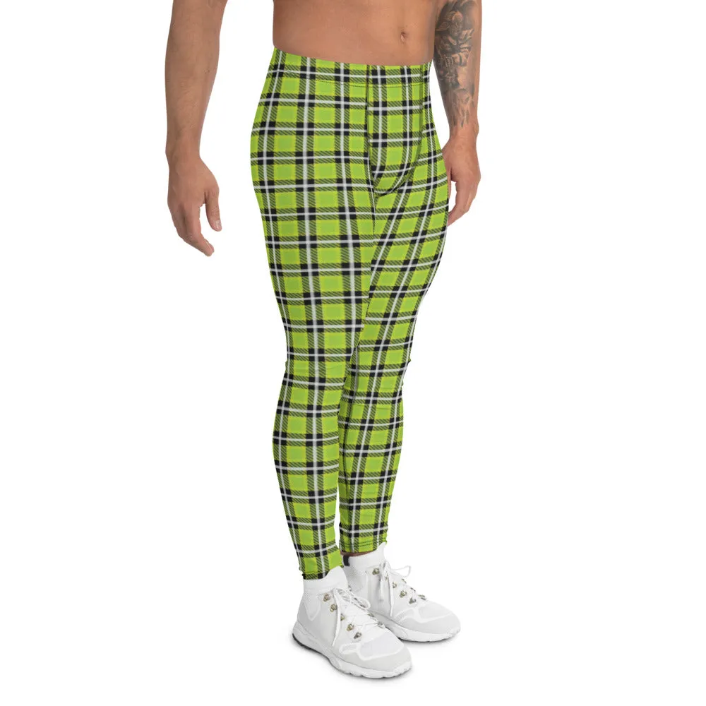 Green Tartan Print Men's Leggings, Classic Traditional Meggings Compression Running Tights