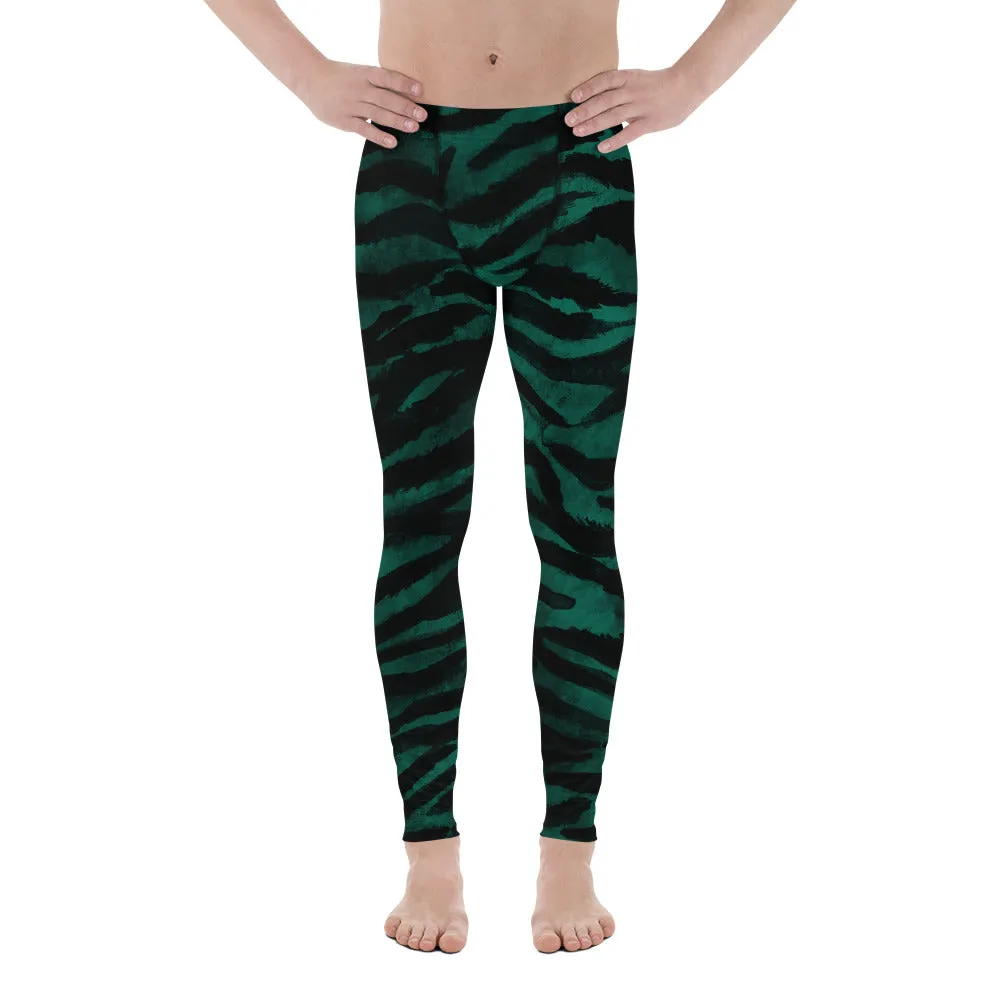 Green Tiger Stripe Men's Leggings, Tiger Animal Print Sexy Meggings Tights-Made in USA/EU