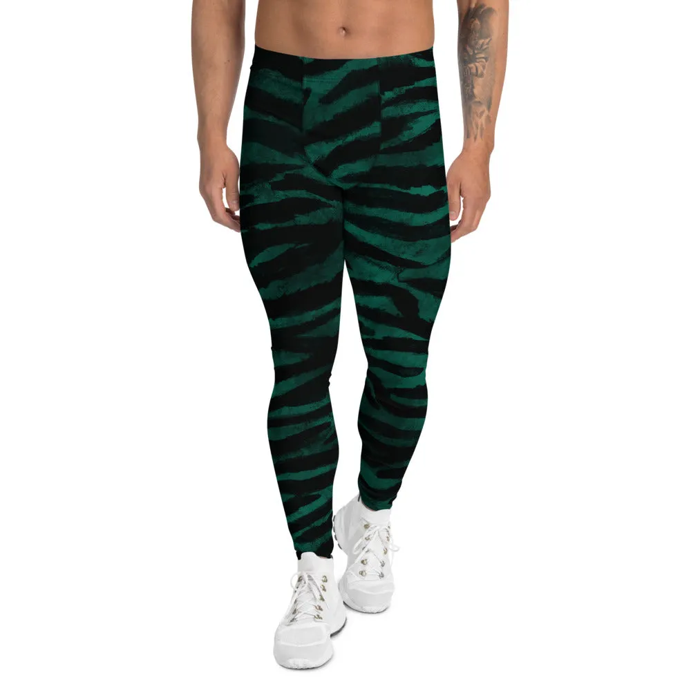 Green Tiger Stripe Men's Leggings, Tiger Animal Print Sexy Meggings Tights-Made in USA/EU