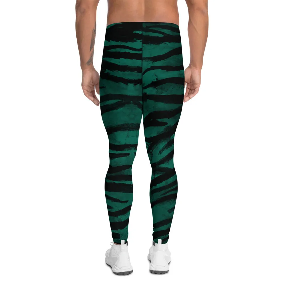 Green Tiger Stripe Men's Leggings, Tiger Animal Print Sexy Meggings Tights-Made in USA/EU