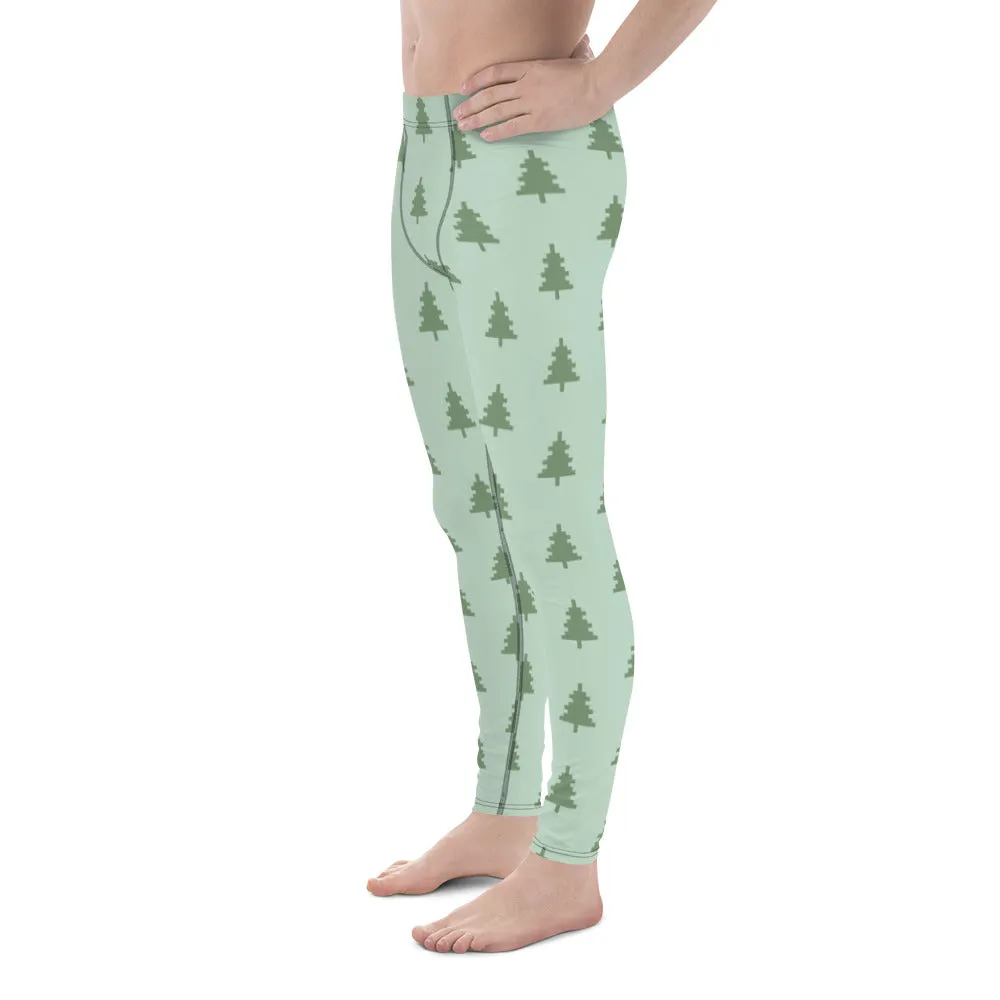 Green Xmas Tree Men's Leggings, Merry Holiday Christmas Meggings Festive Men's Tights-Made in USA/EU/MX