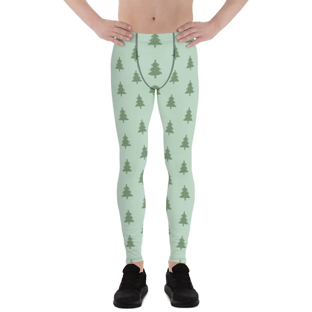 Green Xmas Tree Men's Leggings, Merry Holiday Christmas Meggings Festive Men's Tights-Made in USA/EU/MX