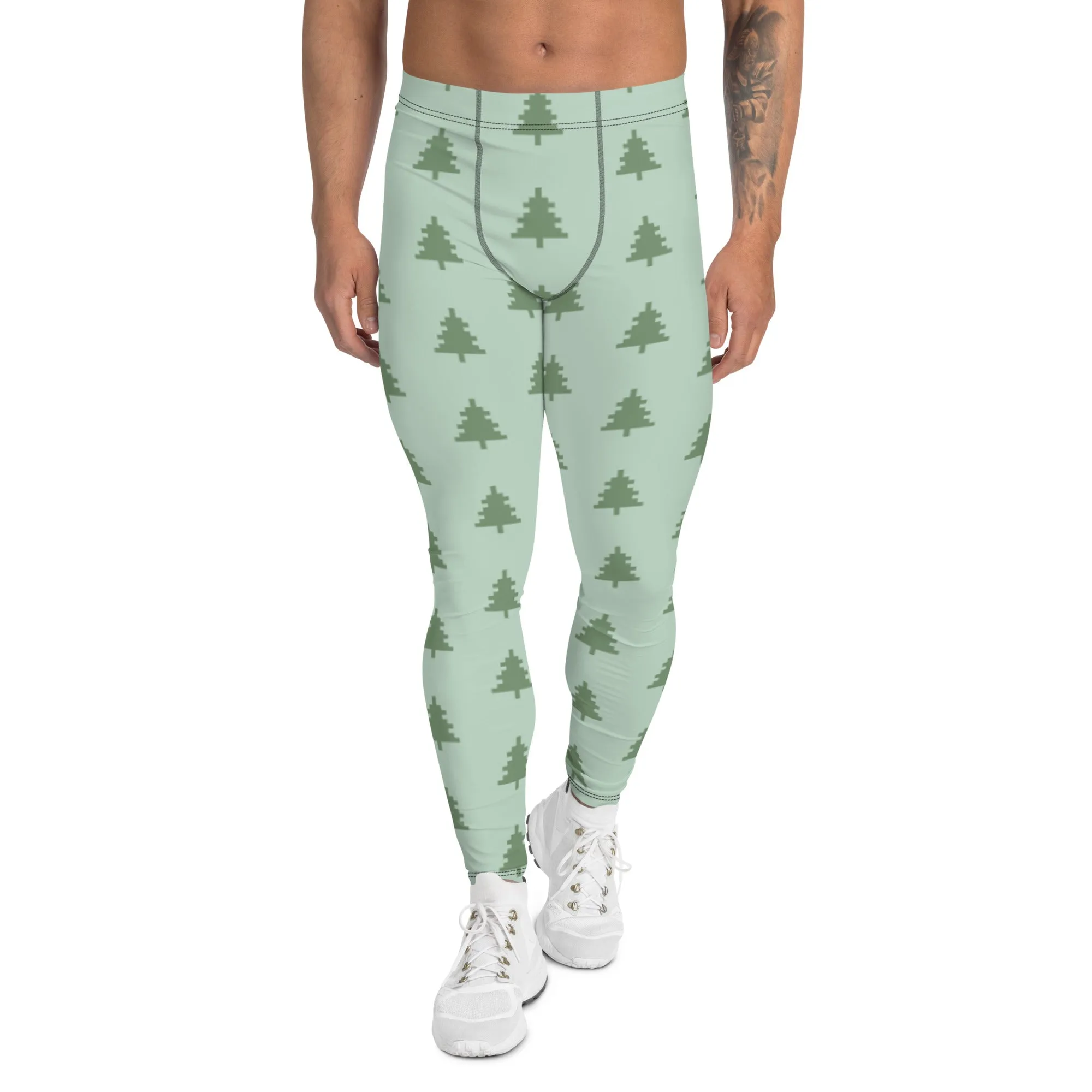 Green Xmas Tree Men's Leggings, Merry Holiday Christmas Meggings Festive Men's Tights-Made in USA/EU/MX