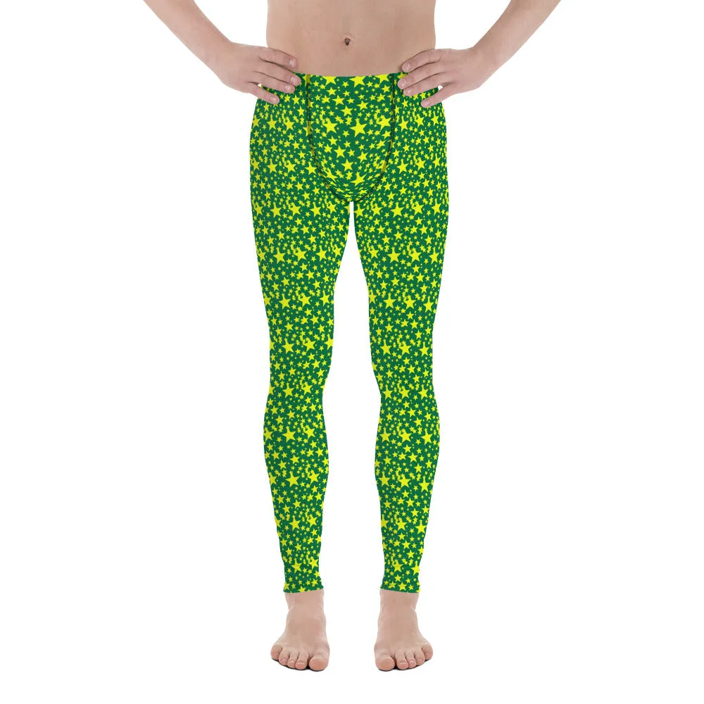 Green Yellow Stars Meggings, Designer Starry Night Men's Leggings Tights-Made in USA/EU