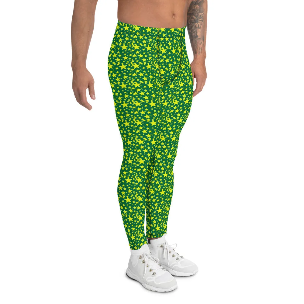 Green Yellow Stars Meggings, Designer Starry Night Men's Leggings Tights-Made in USA/EU