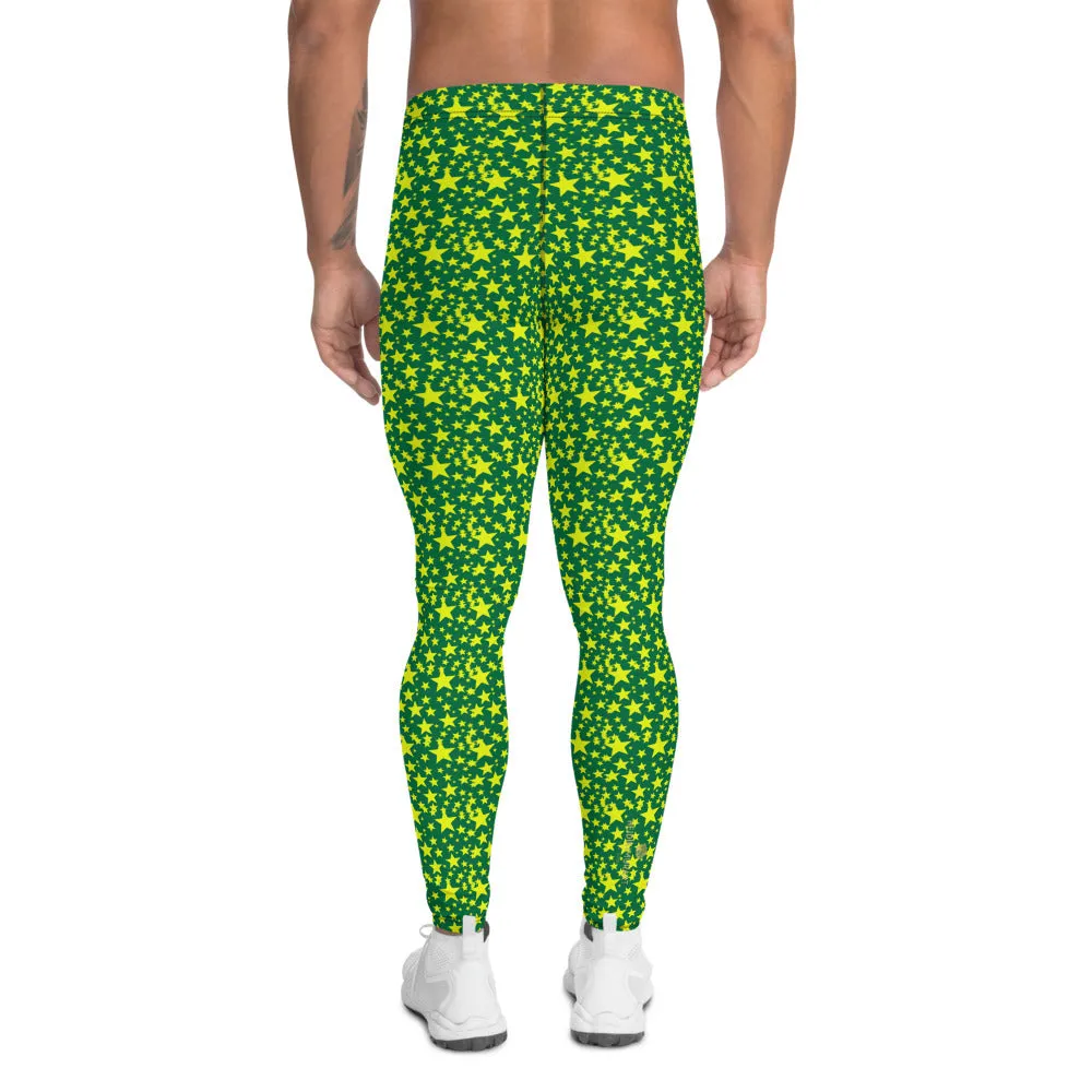 Green Yellow Stars Meggings, Designer Starry Night Men's Leggings Tights-Made in USA/EU