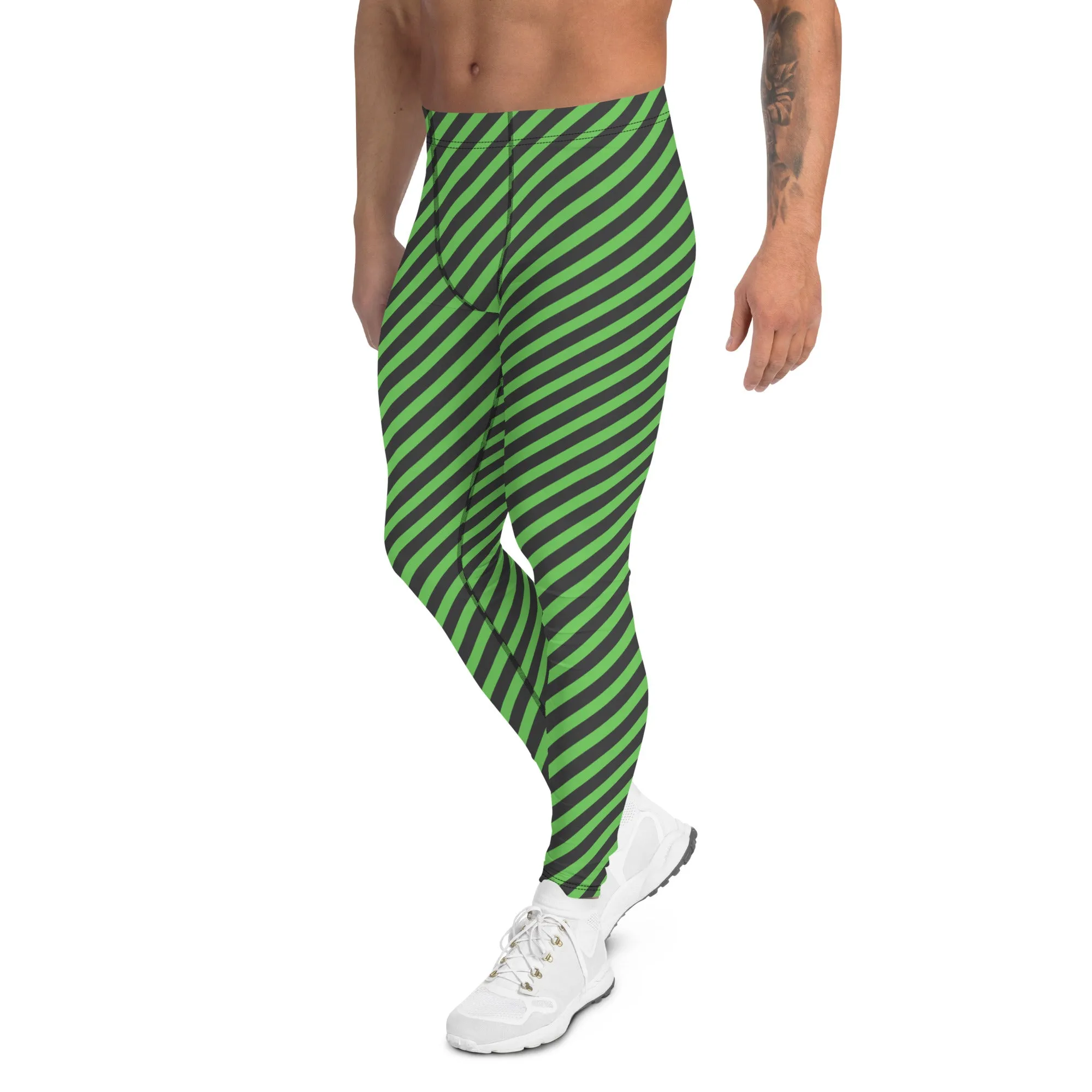 Grey Green Striped Meggings, Colorful Best Compression Tights For Men - Made in USA/EU/MX