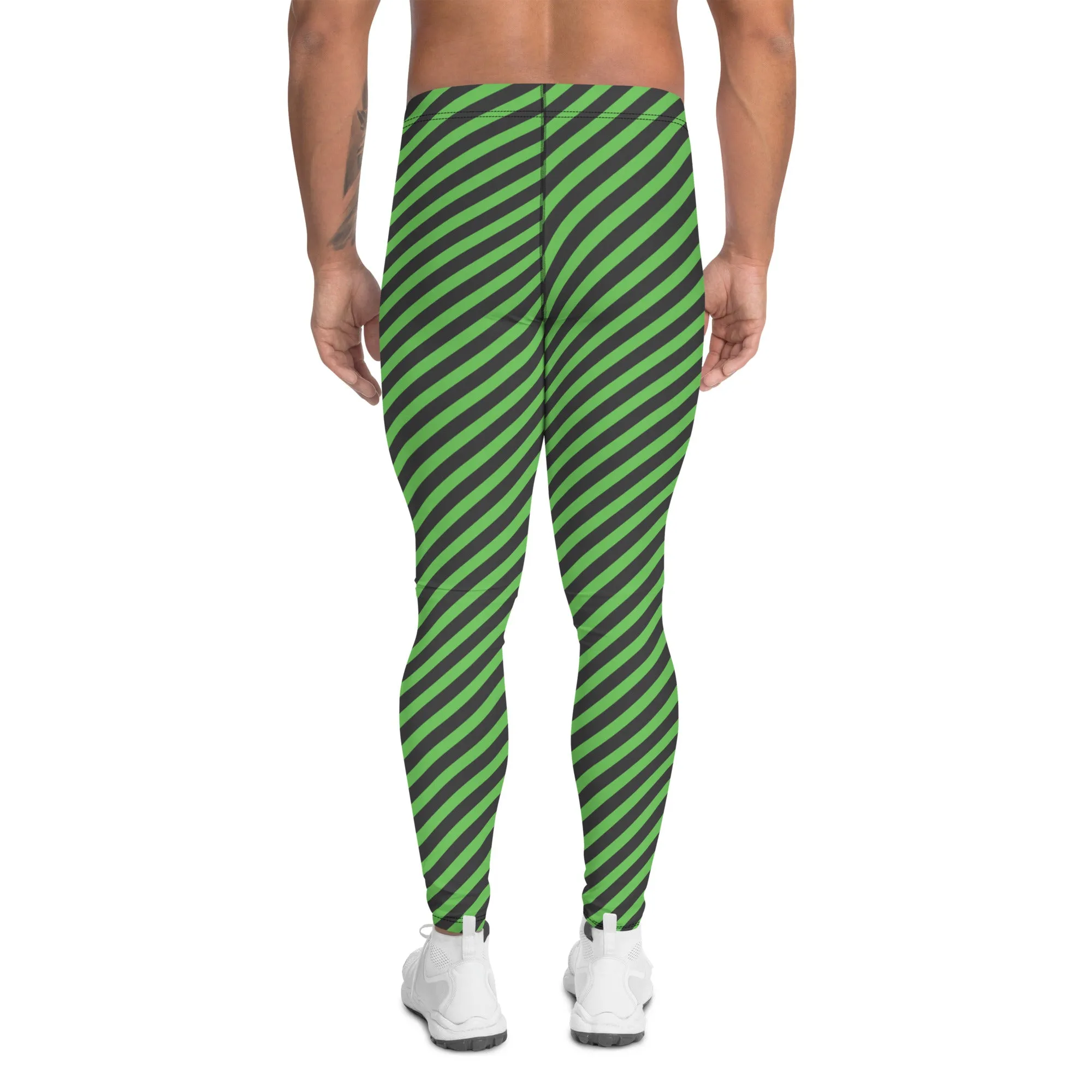 Grey Green Striped Meggings, Colorful Best Compression Tights For Men - Made in USA/EU/MX