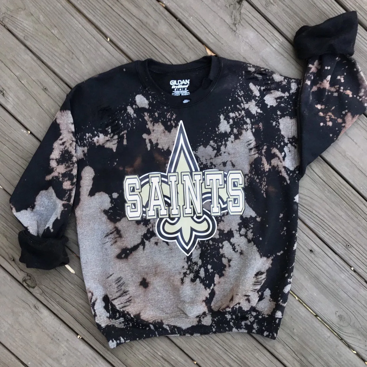 Handmade New Orleans Saints Black Hand Bleached Light Tan White Black Design Light Distress Crew Neck Sweatshirt