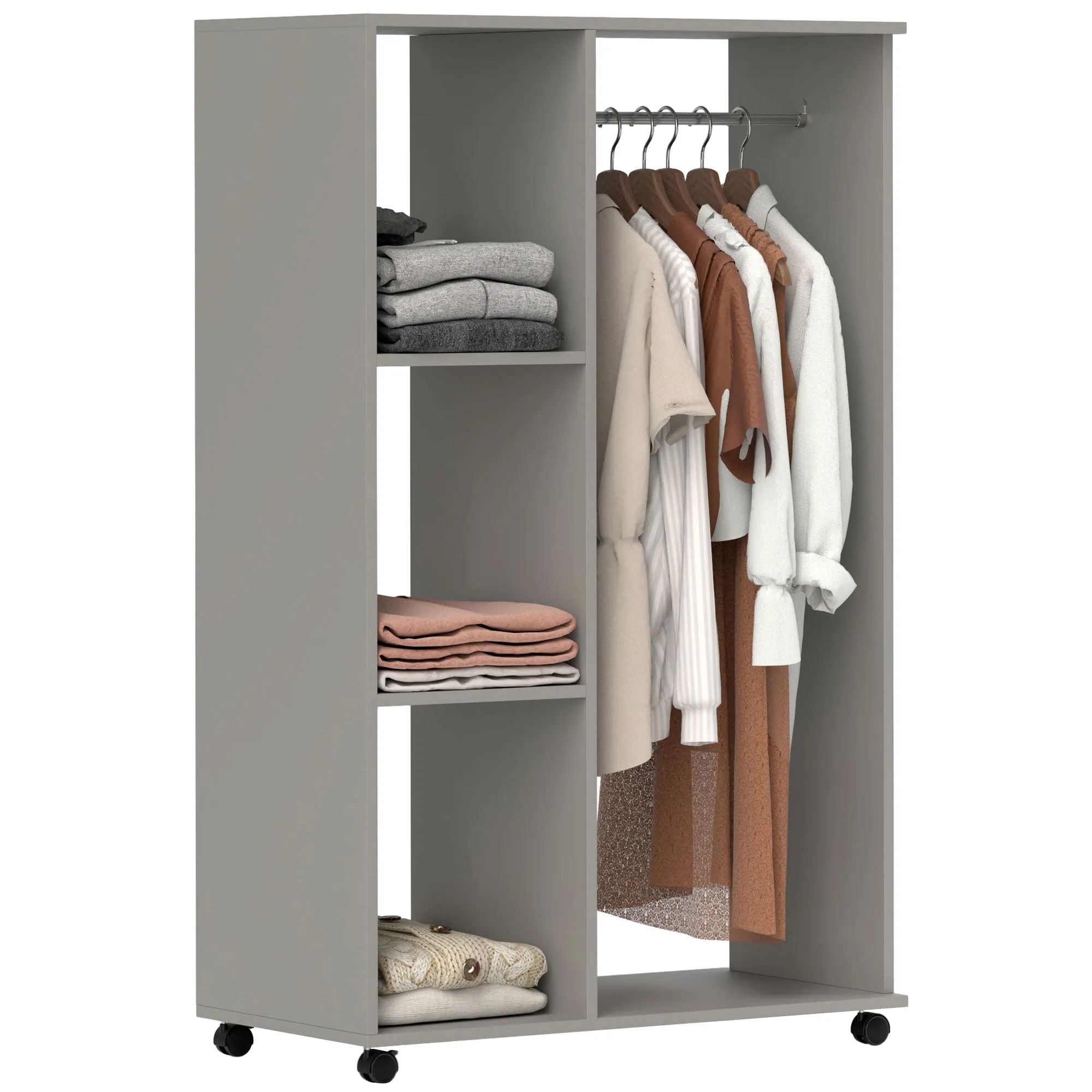 HOMCOM Rolling Open Wardrobe Hanging Rail Storage Shelves for Clothes, Grey