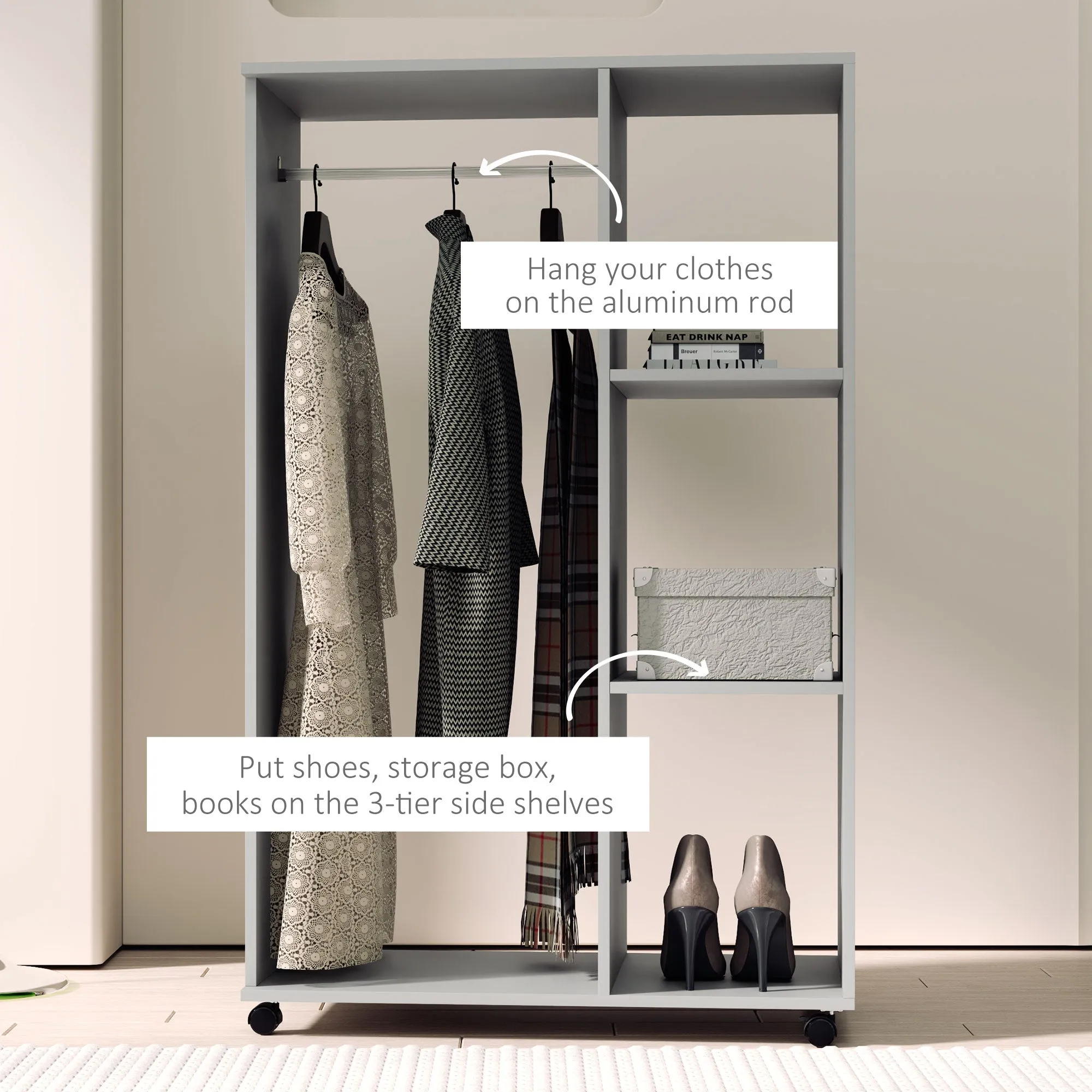 HOMCOM Rolling Open Wardrobe Hanging Rail Storage Shelves for Clothes, Grey