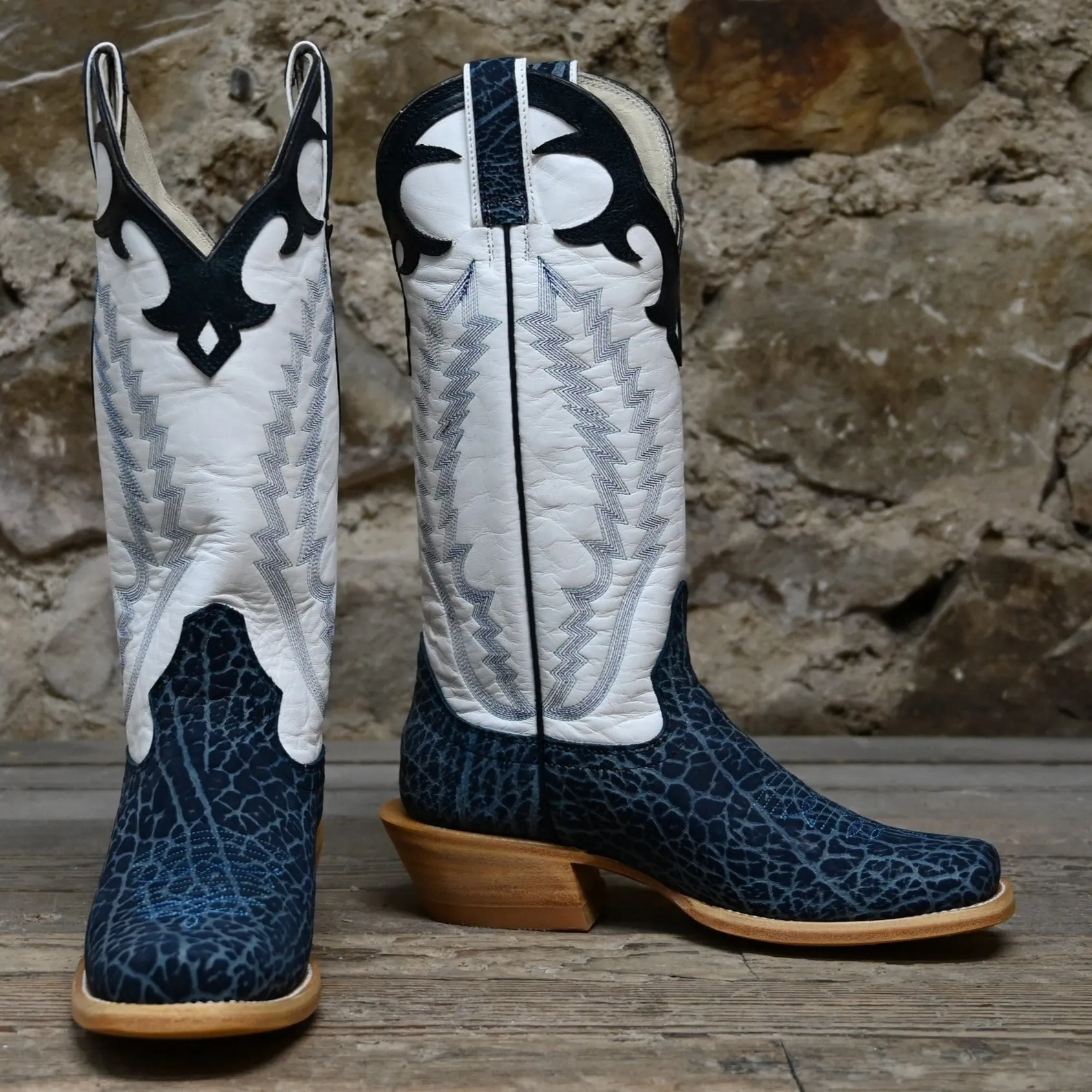 Hondo White Cowhide Top with Blue Volcano Stitching and Navy Nubuck Bullhide Vamp