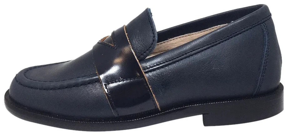 Hoo Shoes Boy's Abe's Keeper Navy and Black Smooth Leather Slip On Oxford Loafer Shoe