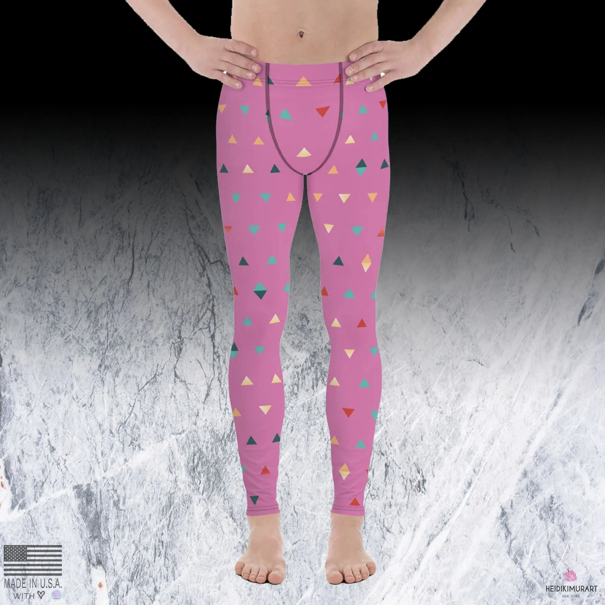 Light Pink Geometric Triangular Print Men's Leggings-Made in USA/EU (US Size: XS-3XL)