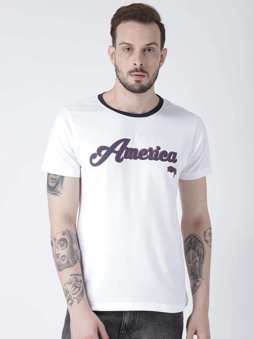 Men White Solid Round Neck T-shirt