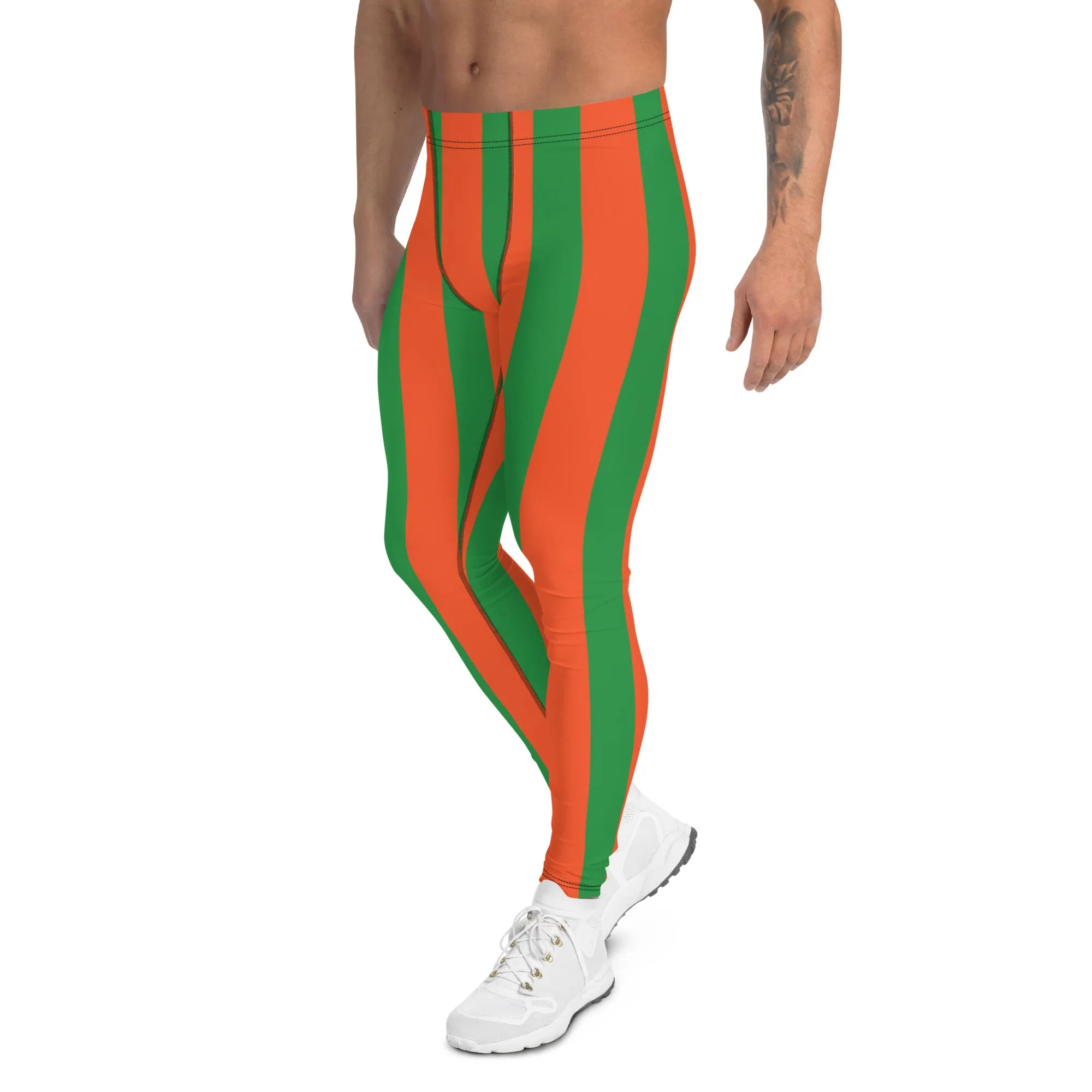 Orange Green Stripes Men's Leggings, Vertically Striped Meggings Running Tights-Made in USA/EU/MX