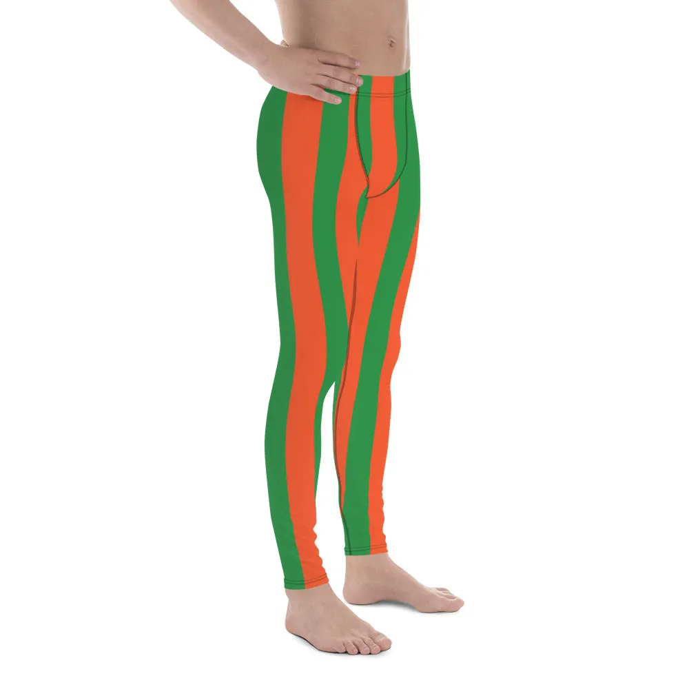 Orange Green Stripes Men's Leggings, Vertically Striped Meggings Running Tights-Made in USA/EU/MX