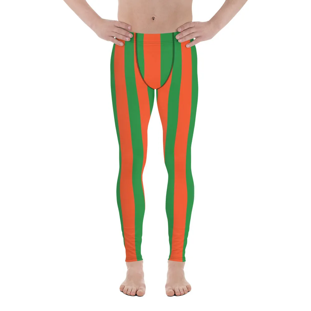 Orange Green Stripes Men's Leggings, Vertically Striped Meggings Running Tights-Made in USA/EU/MX