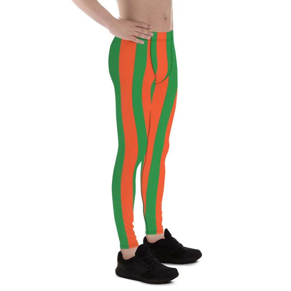 Orange Green Stripes Men's Leggings, Vertically Striped Meggings Running Tights-Made in USA/EU/MX