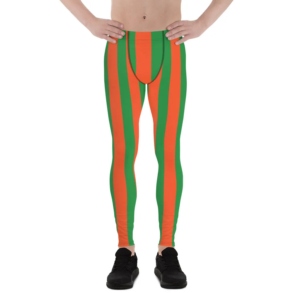 Orange Green Stripes Men's Leggings, Vertically Striped Meggings Running Tights-Made in USA/EU/MX