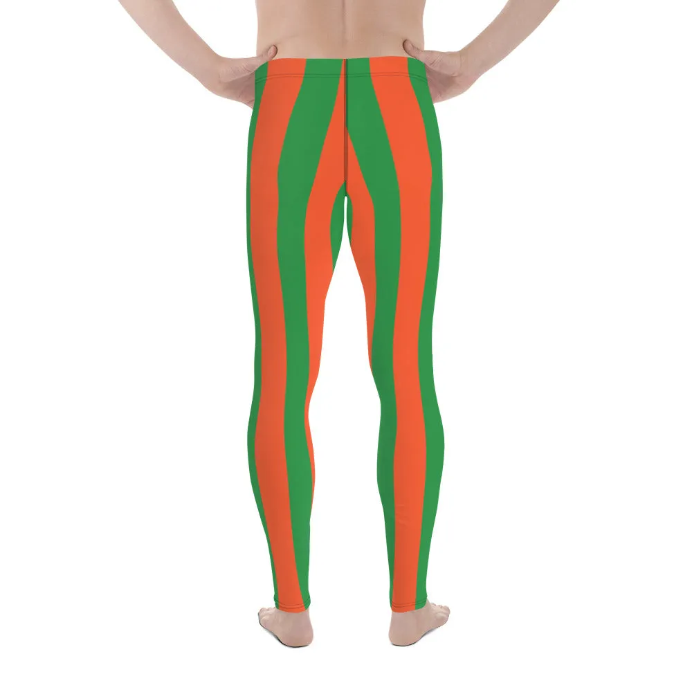 Orange Green Stripes Men's Leggings, Vertically Striped Meggings Running Tights-Made in USA/EU/MX