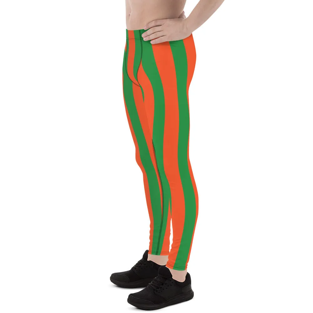 Orange Green Stripes Men's Leggings, Vertically Striped Meggings Running Tights-Made in USA/EU/MX