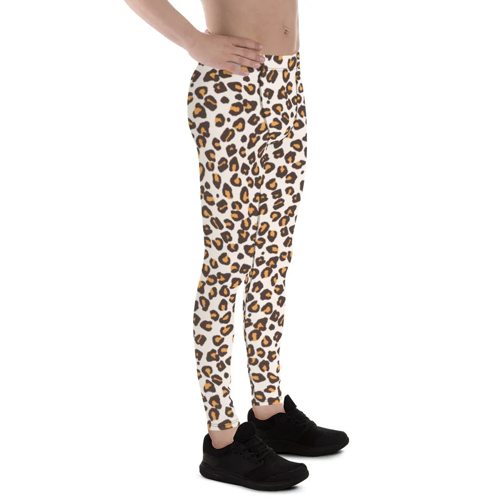 Orange Leopard Print Men's Leggings, Leopard Animal Print Best Premium Running Tights For Men - Made in USA/EU/MX