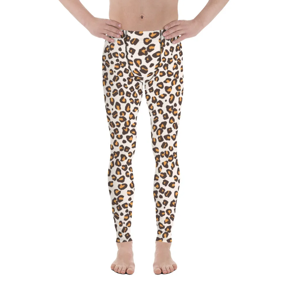 Orange Leopard Print Men's Leggings, Leopard Animal Print Best Premium Running Tights For Men - Made in USA/EU/MX