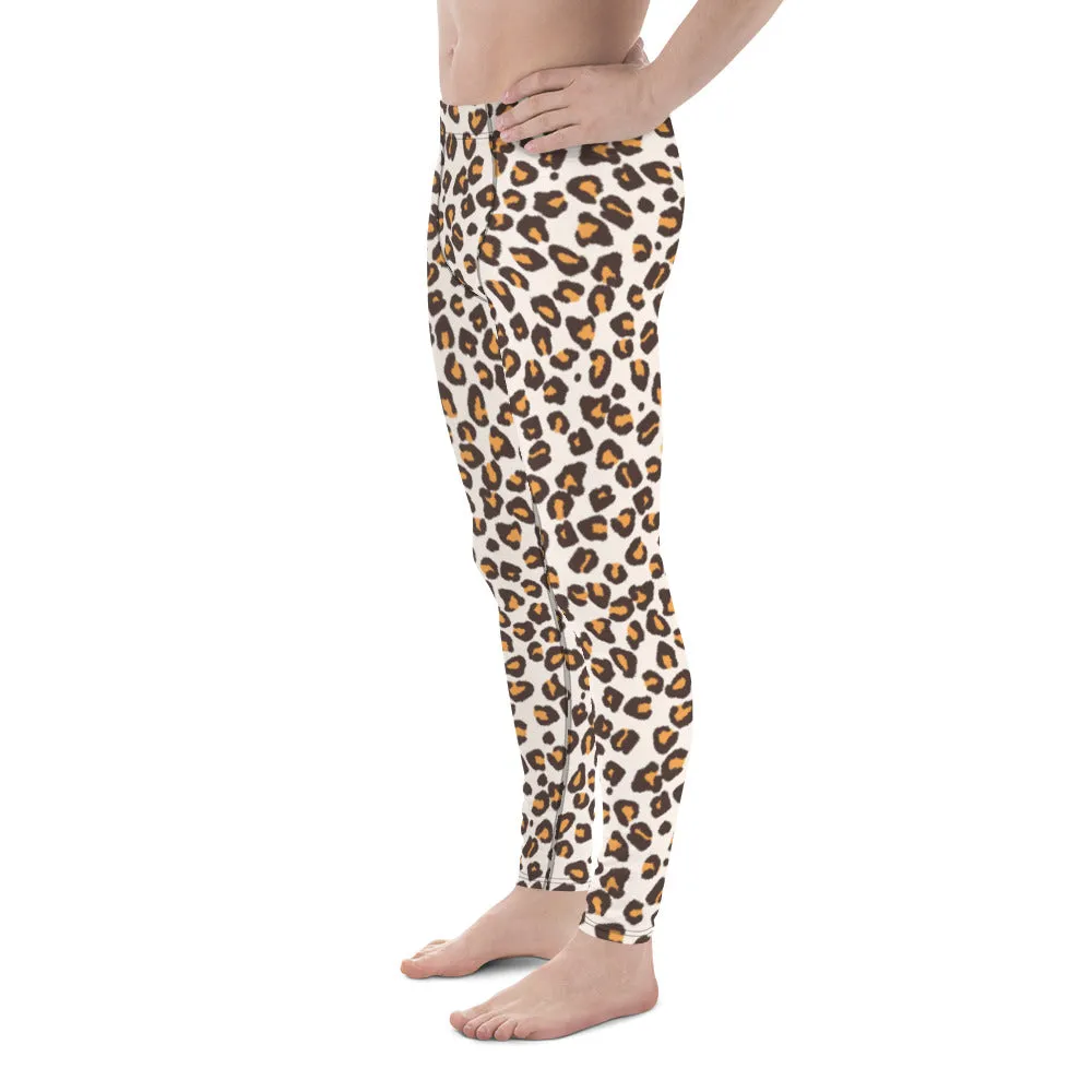 Orange Leopard Print Men's Leggings, Leopard Animal Print Best Premium Running Tights For Men - Made in USA/EU/MX