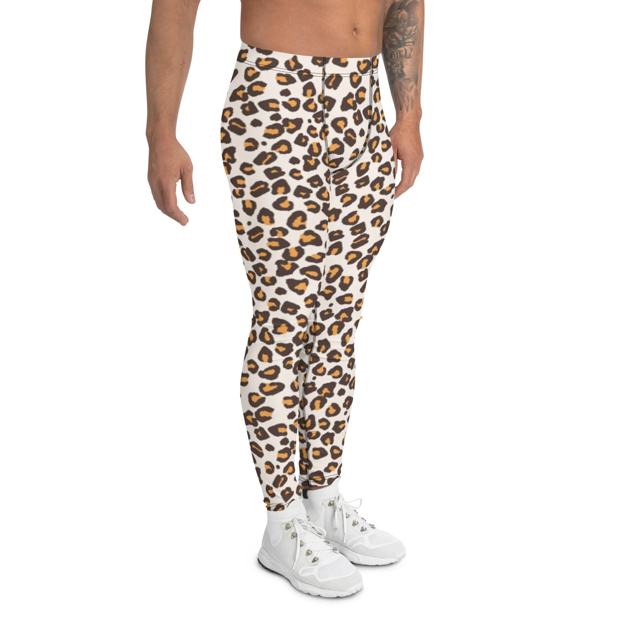 Orange Leopard Print Men's Leggings, Leopard Animal Print Best Premium Running Tights For Men - Made in USA/EU/MX