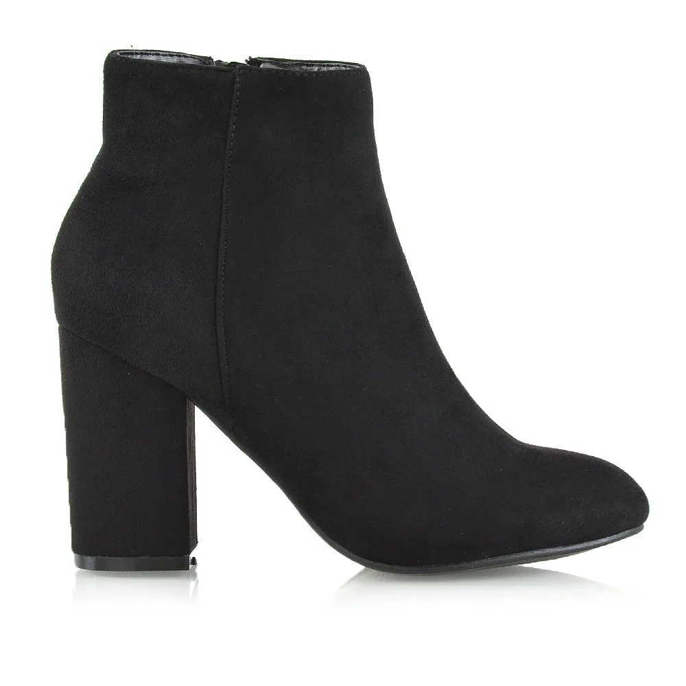 PEACHES CHUNKY BLOCK HIGH HEEL ZIP UP ANKLE WINTER BOOTS IN BLACK FAUX SUEDE