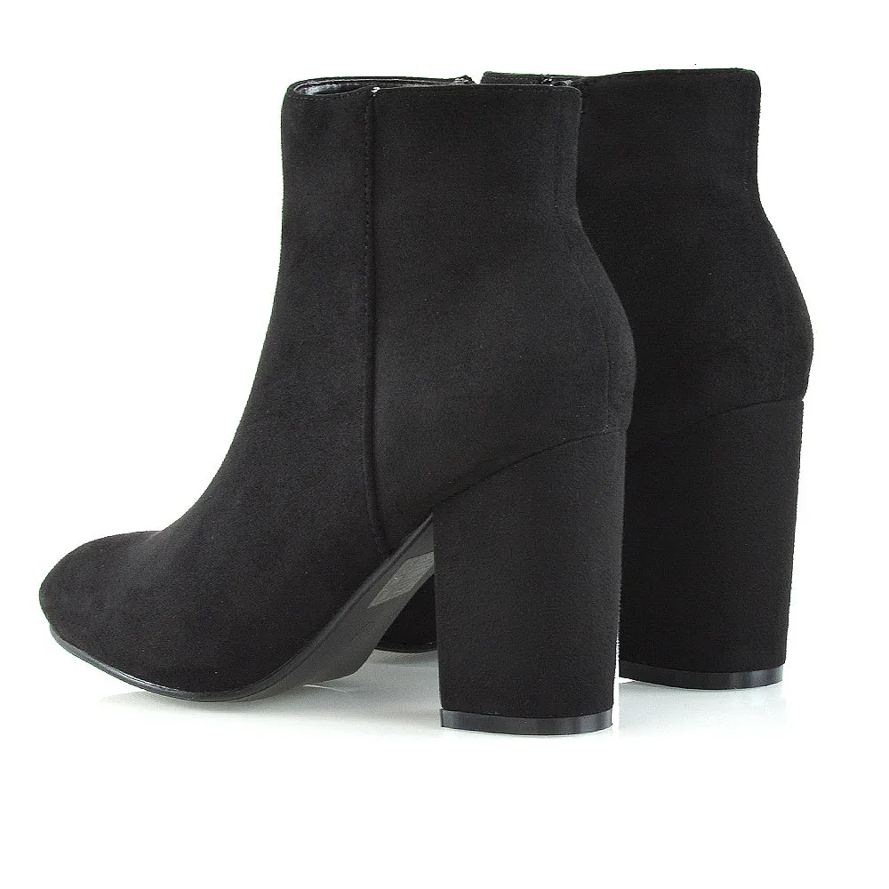 PEACHES CHUNKY BLOCK HIGH HEEL ZIP UP ANKLE WINTER BOOTS IN BLACK FAUX SUEDE