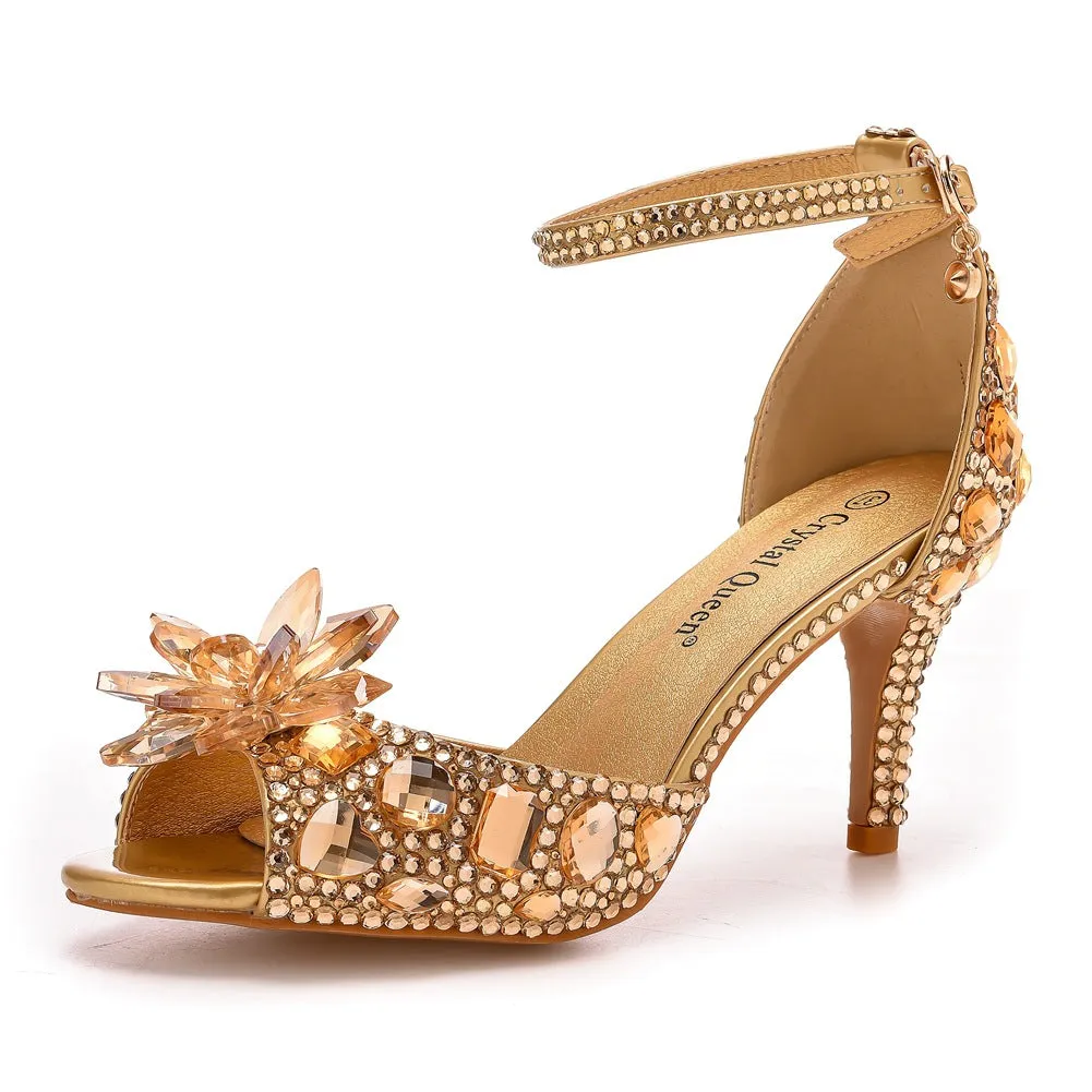 Peep Toe Crystal Rhinestone Ankle-Strap High Heels