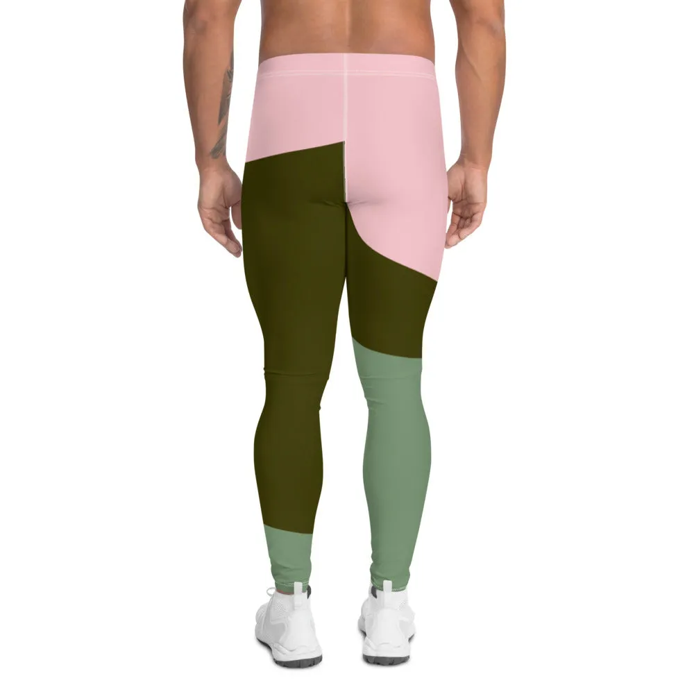 Pink Green Abstract Men's Leggings, Abstract Artsy Designer Meggings Compression Tights-Made in USA/EU