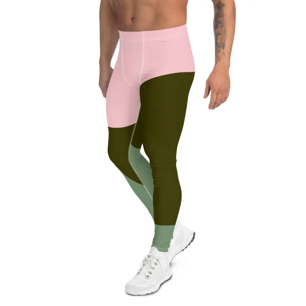 Pink Green Abstract Men's Leggings, Abstract Artsy Designer Meggings Compression Tights-Made in USA/EU