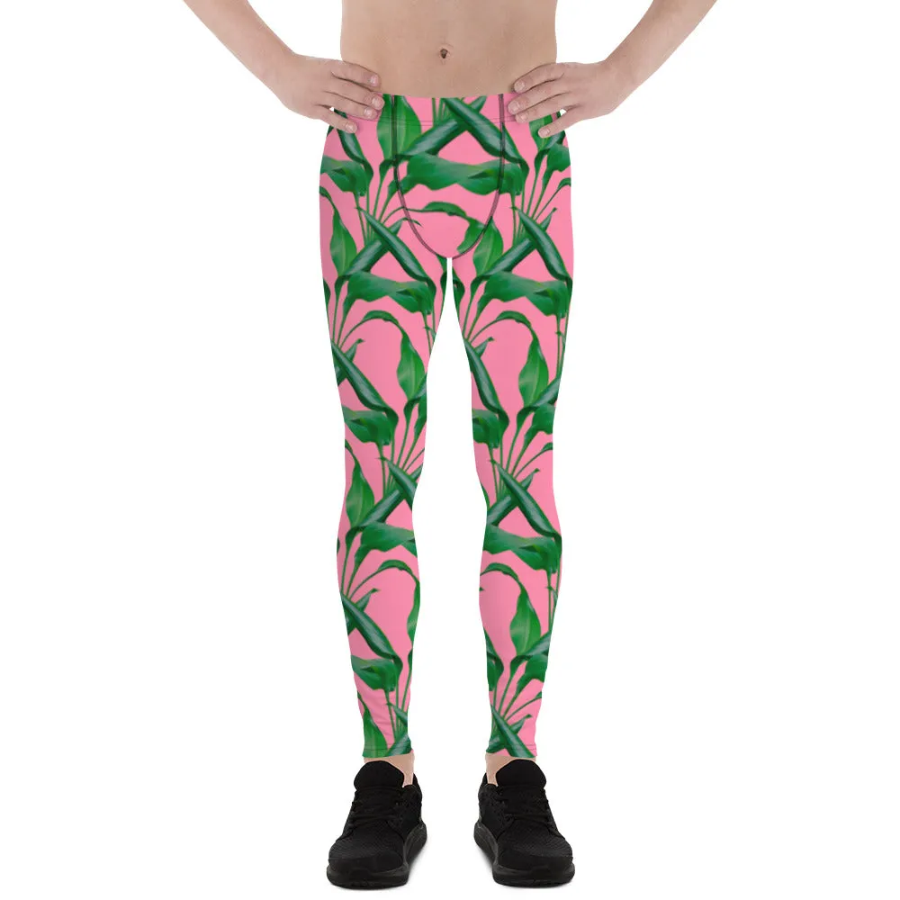 Pink Tropical Leaves Men's Leggings, Best Men's Leggings, Tropical Leaves Print Designer Running Compression Tights For Men - Made in USA/EU/MX