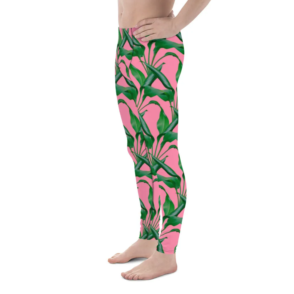 Pink Tropical Leaves Men's Leggings, Best Men's Leggings, Tropical Leaves Print Designer Running Compression Tights For Men - Made in USA/EU/MX