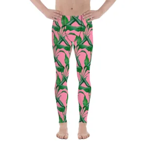 Pink Tropical Leaves Men's Leggings, Best Men's Leggings, Tropical Leaves Print Designer Running Compression Tights For Men - Made in USA/EU/MX