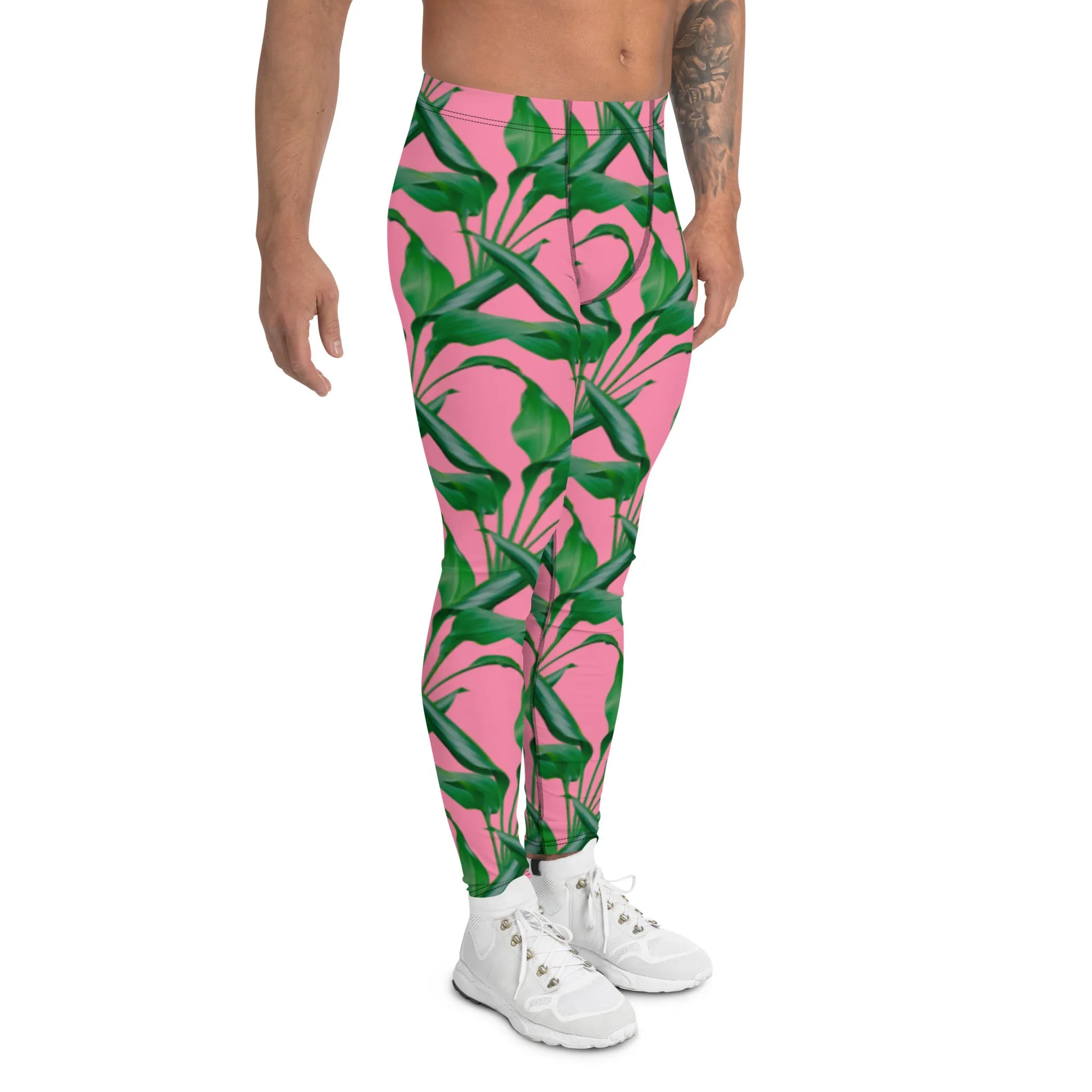 Pink Tropical Leaves Men's Leggings, Best Men's Leggings, Tropical Leaves Print Designer Running Compression Tights For Men - Made in USA/EU/MX