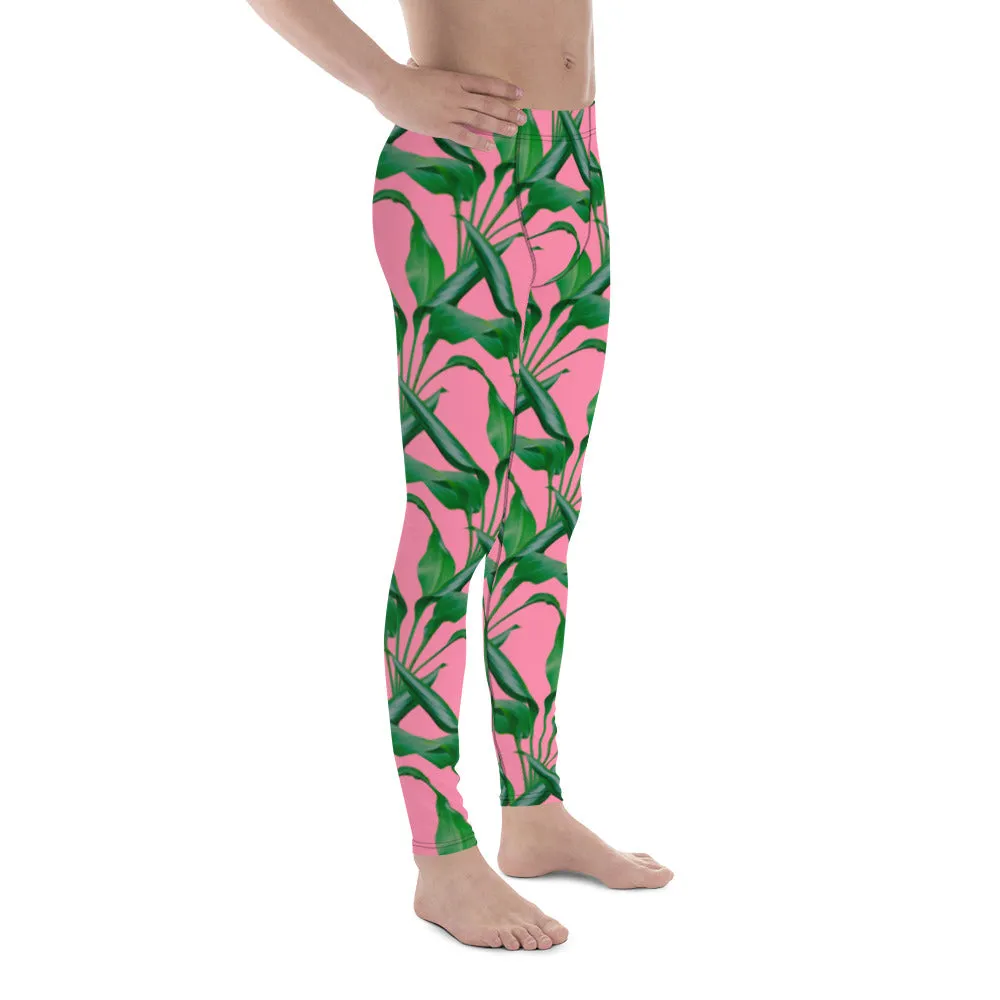 Pink Tropical Leaves Men's Leggings, Best Men's Leggings, Tropical Leaves Print Designer Running Compression Tights For Men - Made in USA/EU/MX