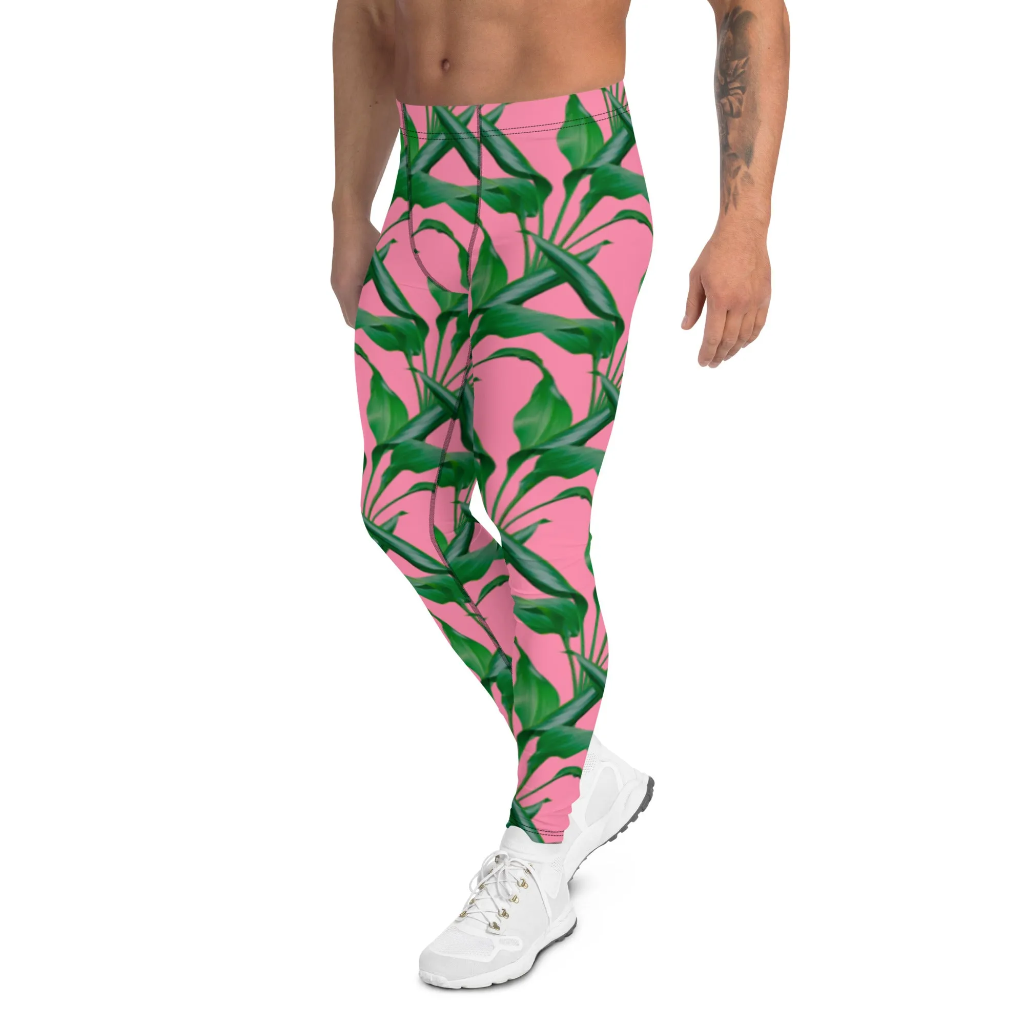 Pink Tropical Leaves Men's Leggings, Best Men's Leggings, Tropical Leaves Print Designer Running Compression Tights For Men - Made in USA/EU/MX