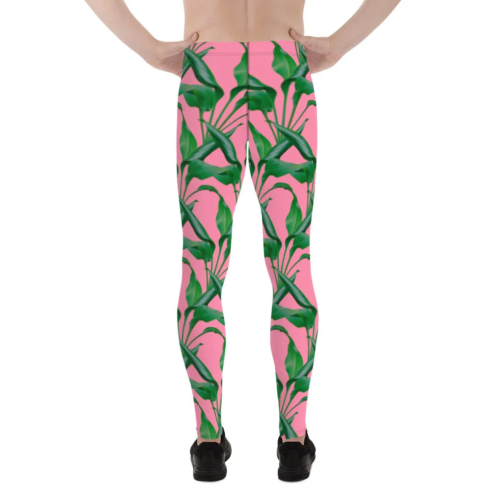 Pink Tropical Leaves Men's Leggings, Best Men's Leggings, Tropical Leaves Print Designer Running Compression Tights For Men - Made in USA/EU/MX