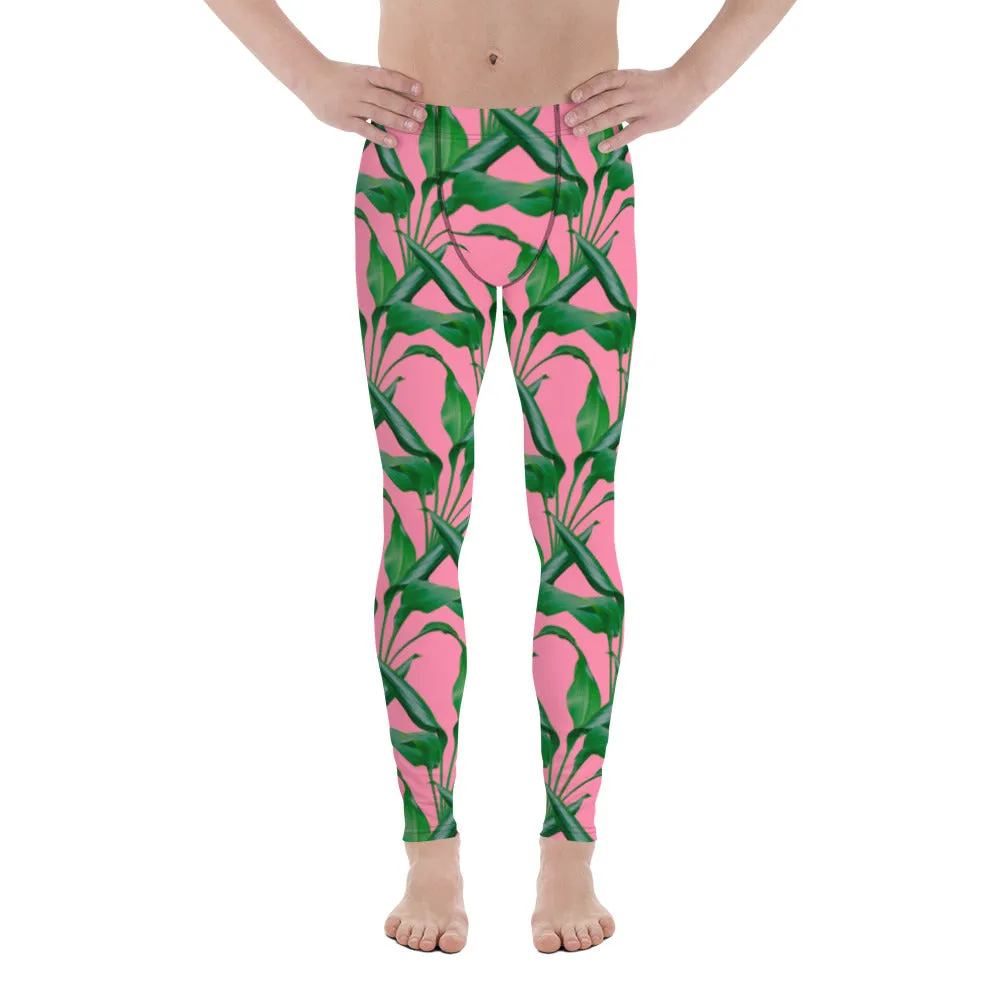 Pink Tropical Leaves Men's Leggings, Best Men's Leggings, Tropical Leaves Print Designer Running Compression Tights For Men - Made in USA/EU/MX