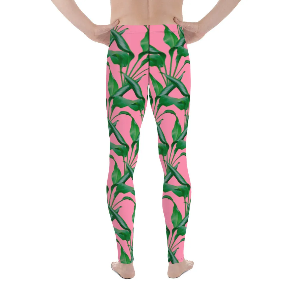 Pink Tropical Leaves Men's Leggings, Best Men's Leggings, Tropical Leaves Print Designer Running Compression Tights For Men - Made in USA/EU/MX