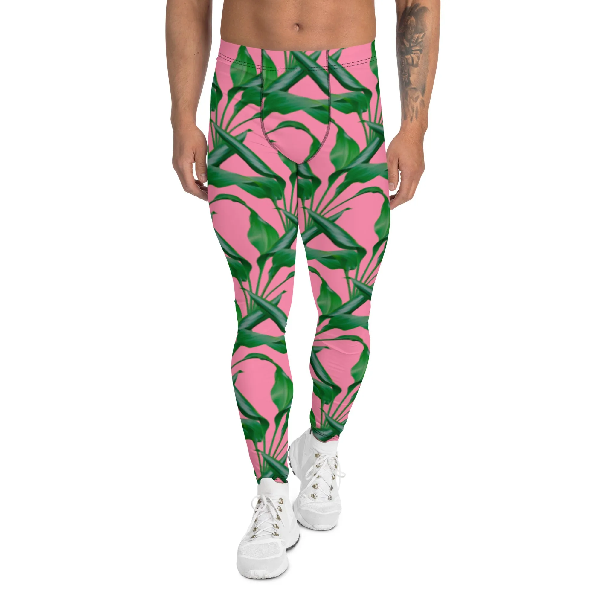 Pink Tropical Leaves Men's Leggings, Best Men's Leggings, Tropical Leaves Print Designer Running Compression Tights For Men - Made in USA/EU/MX