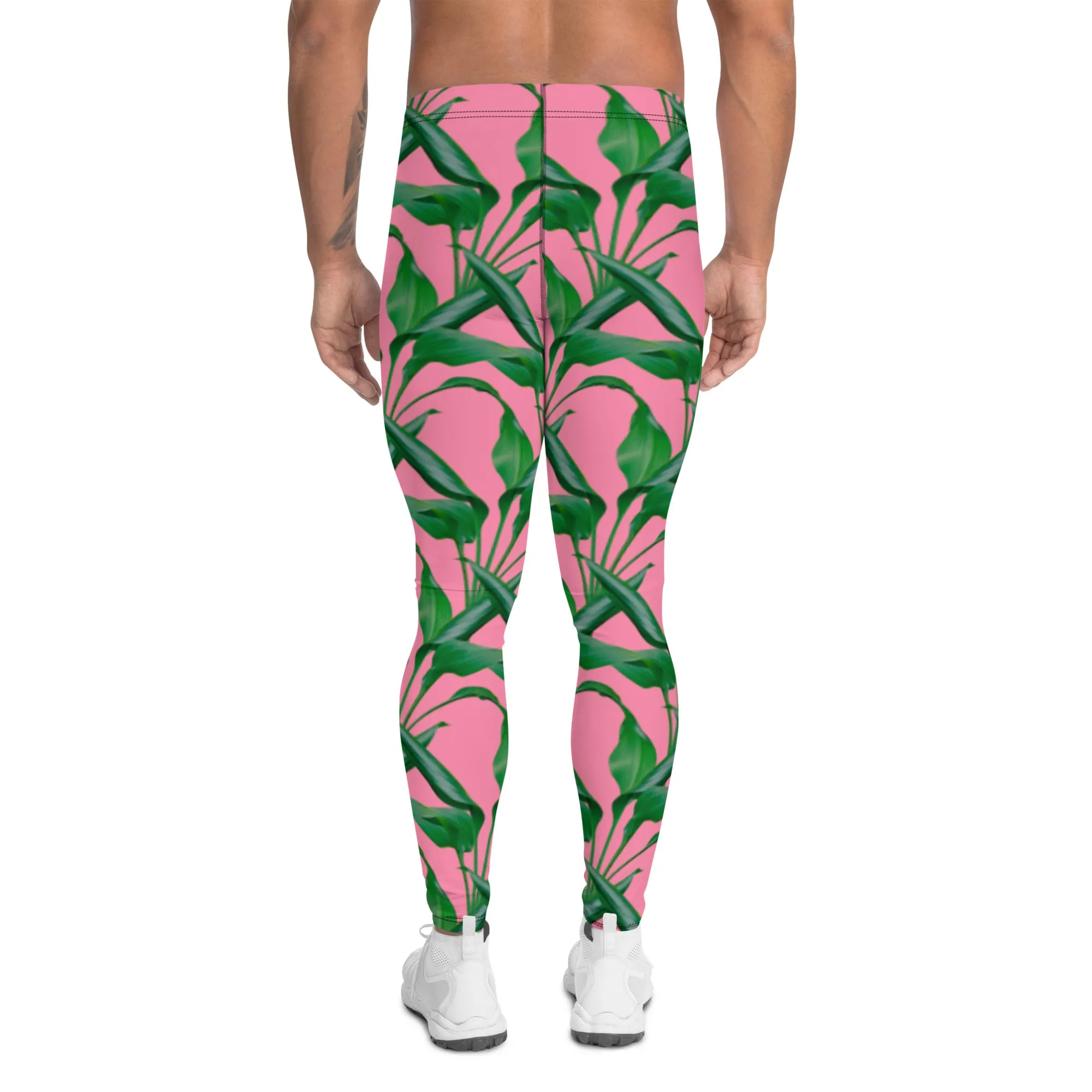 Pink Tropical Leaves Men's Leggings, Best Men's Leggings, Tropical Leaves Print Designer Running Compression Tights For Men - Made in USA/EU/MX