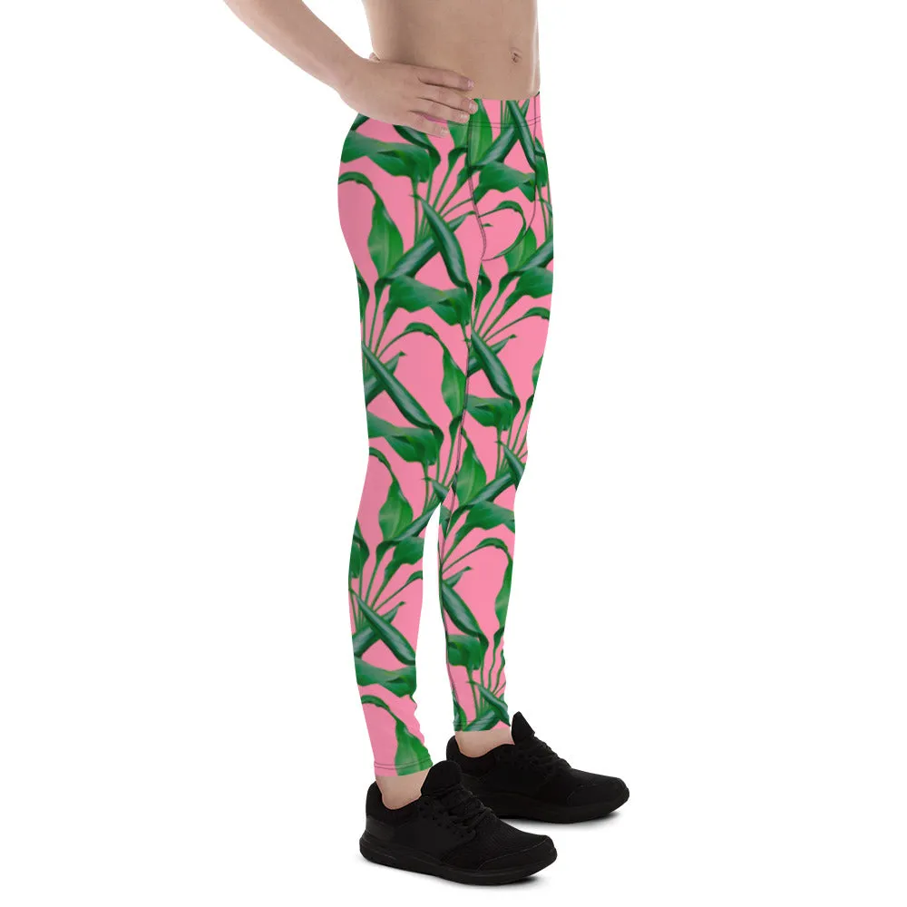 Pink Tropical Leaves Men's Leggings, Best Men's Leggings, Tropical Leaves Print Designer Running Compression Tights For Men - Made in USA/EU/MX