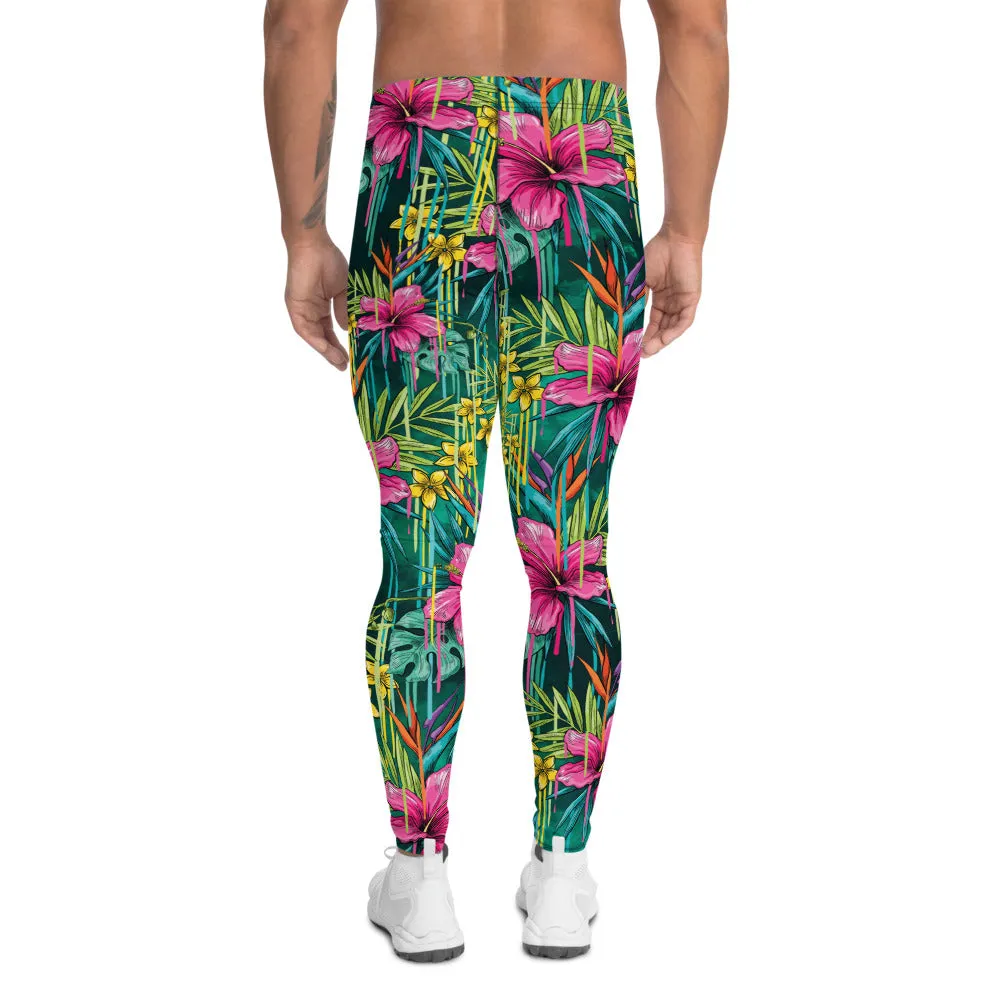 Pink Tropical Men's Leggings, Floral Print Compression Men Compression Tights-Made in USA/EU