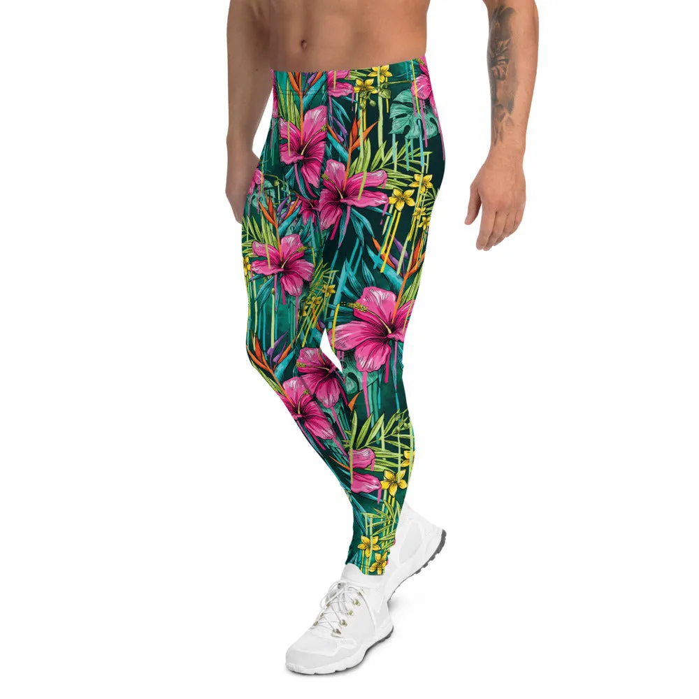 Pink Tropical Men's Leggings, Floral Print Compression Men Compression Tights-Made in USA/EU